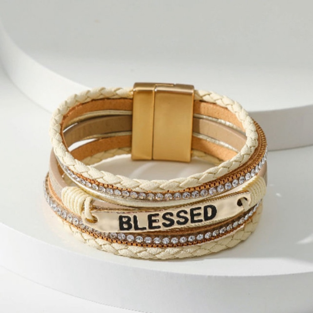 Blessed Rhinestone Leather Layered Bracelet - Picture 4 of 6